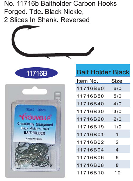 Youvella Baitholder 11716B hook pattern and size chart