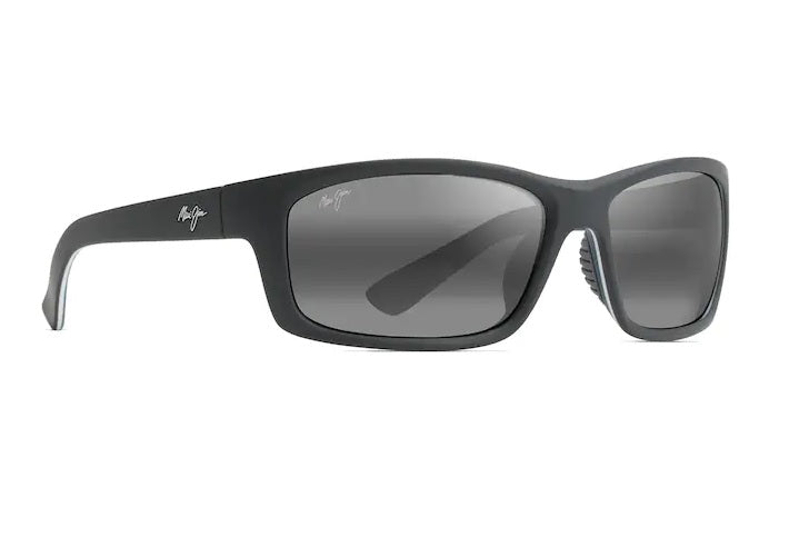 Maui Jim Kanaio Coast Matte Soft Black with White and Blue Stripe Frame Neutral Grey Glass Lens Polarised Performance Sunglasses