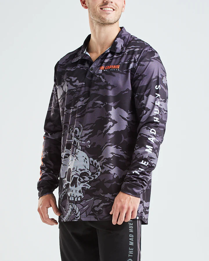 The Mad Hueys Captain Wheel UPF 50 Long Sleeve Fishing Jersey Shirt Black