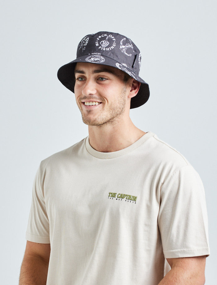 The Mad Hueys Hooked For Life Reversible Bucket Hat Vintage Black