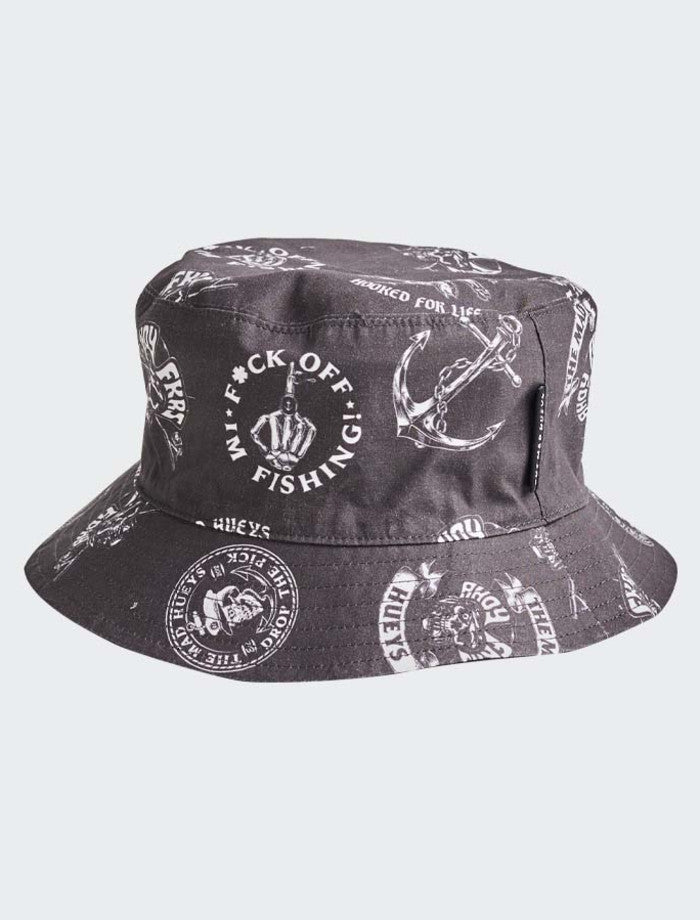 The Mad Hueys Hooked For Life Reversible Bucket Hat Vintage Black