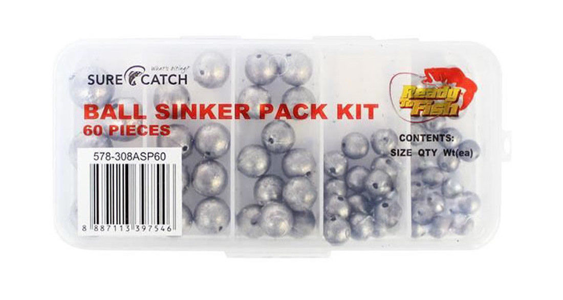 Sure Catch Ball Sinker Value Pack Kit Popular Sizes with Tackle Tray - 60 Pieces