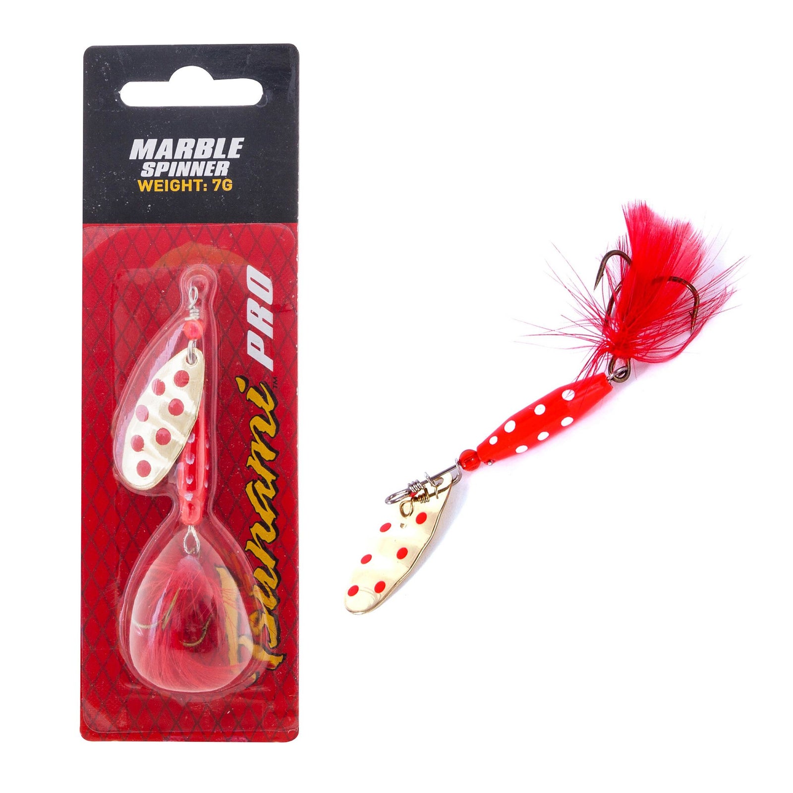 Tsunami Marble Spinner Lure Red White Dot