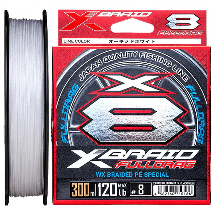 YGK X-Braid FullDrag X8 orchid white 300m braid spool and packaging