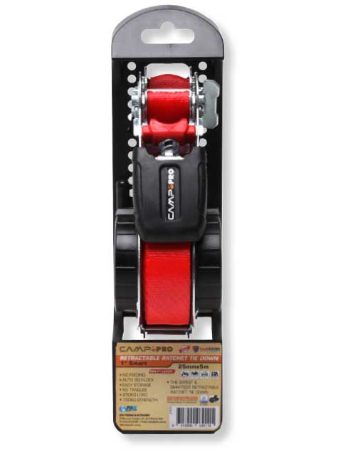 Camp Pro Retractable Ratchet Tie Down 1in Red Self Lock