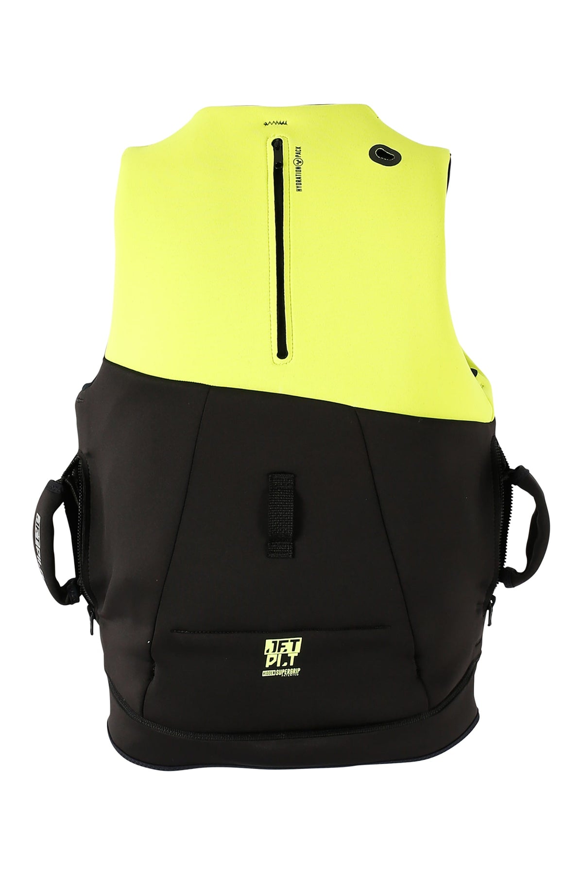Jetpilot Venture Mens PFD life jacket yellow rear angle with Super Grip handles