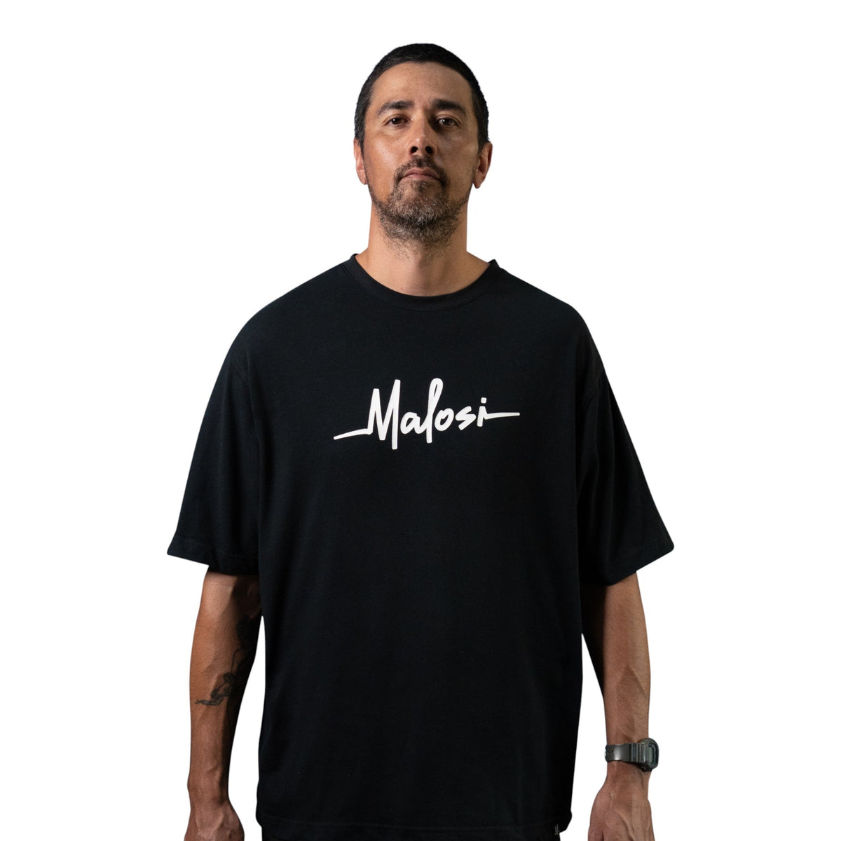 Malosi Staple Tee in black with chest script logo
