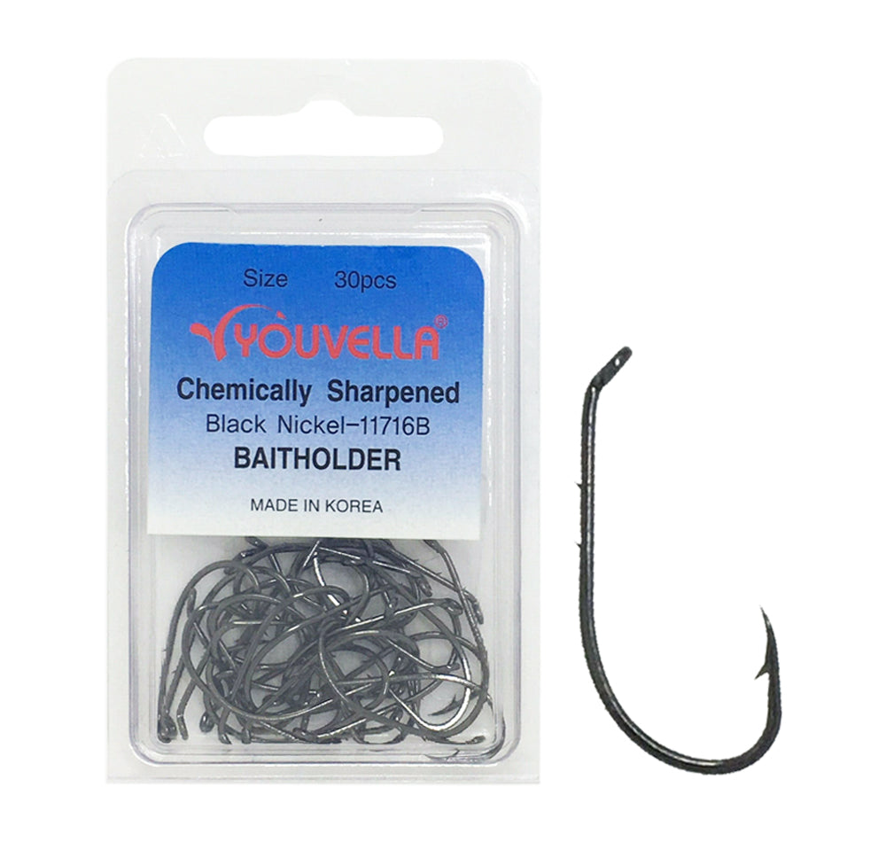 Youvella Baitholder black nickel chemically sharpened hook 30 piece value pack