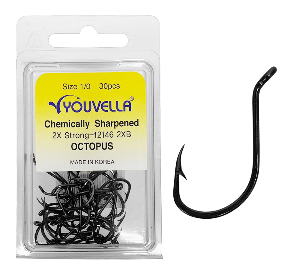 Youvella Octopus 2X Strong chemically sharpened hook 30 piece value pack