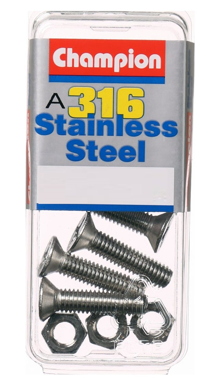 Champion Stainless Steel 316 Machine Countersunk Screw and Nut - 6mm