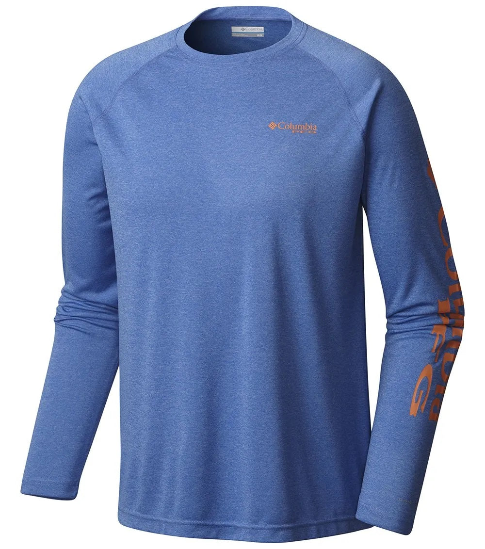 Columbia PFG Terminal Tackle Heather Long Sleeve Mens Shirt Vivid Blue Orange Logo
