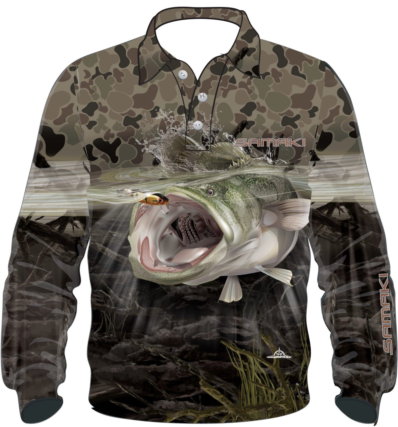 Samaki Camo Murray Cod Long Sleeve Performance Fishing Jersey Sun Protective Shirt Kids